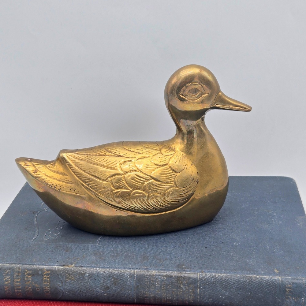 Vintage Solid Brass Duck Figurine Sculpture Detailed Feathers Warm Patina 6.5"